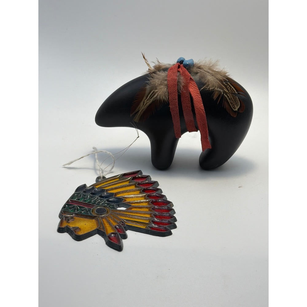 Vintage 1996 Signed Pottery Bear Fetish Figurine and Headdress Suncatcher Set
